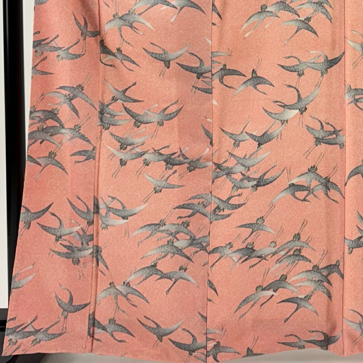 【美品】 小紋 身長165cm 袖長65cm M 雙層 仙鶴 鮭粉色 純蠶絲 優品級