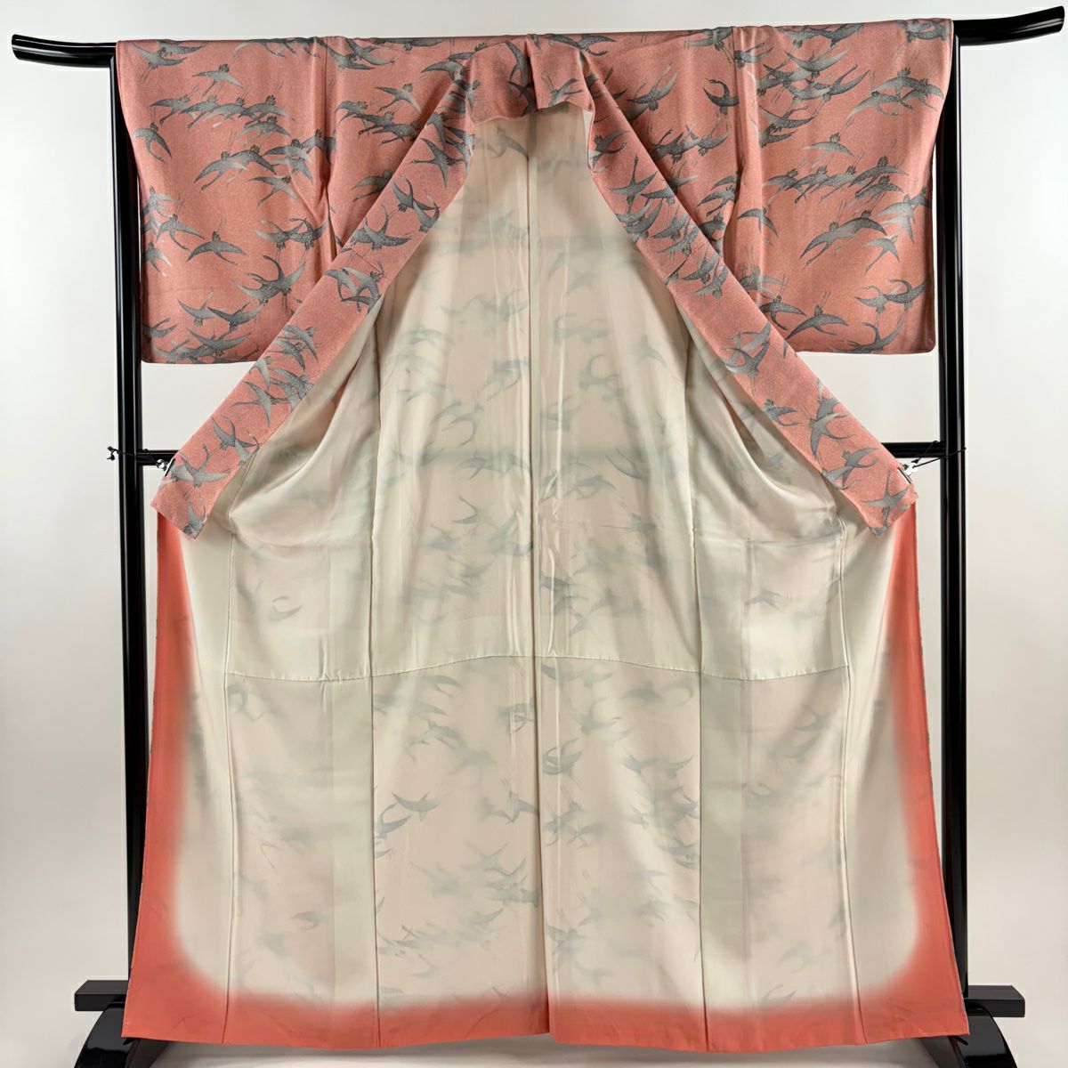 【美品】 小紋 身長165cm 袖長65cm M 雙層 仙鶴 鮭粉色 純蠶絲 優品級