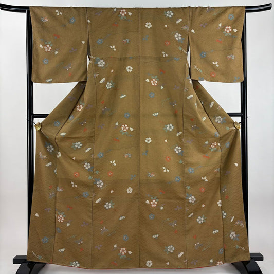 【美品】 小紋 身長164cm 袖長66cm M 雙層 可洗和服 樱花 蝴蝶 金銀彩 山吹茶 化纖 優品級