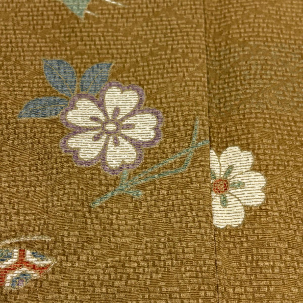【美品】 小紋 身長164cm 袖長66cm M 雙層 可洗和服 樱花 蝴蝶 金銀彩 山吹茶 化纖 優品級