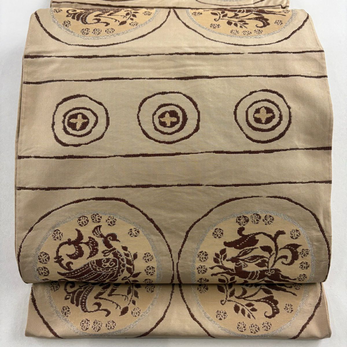 袋帶 優品級 かつら錦 一重太鼓 圓文 花鳥 銀線 淺茶 純蠶絲