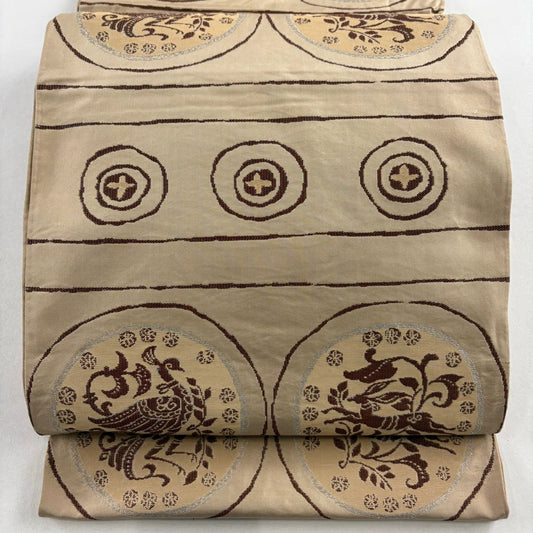 袋帶 優品級 かつら錦 一重太鼓 圓文 花鳥 銀線 淺茶 純蠶絲