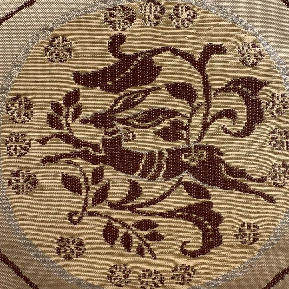 袋帶 優品級 かつら錦 一重太鼓 圓文 花鳥 銀線 淺茶 純蠶絲
