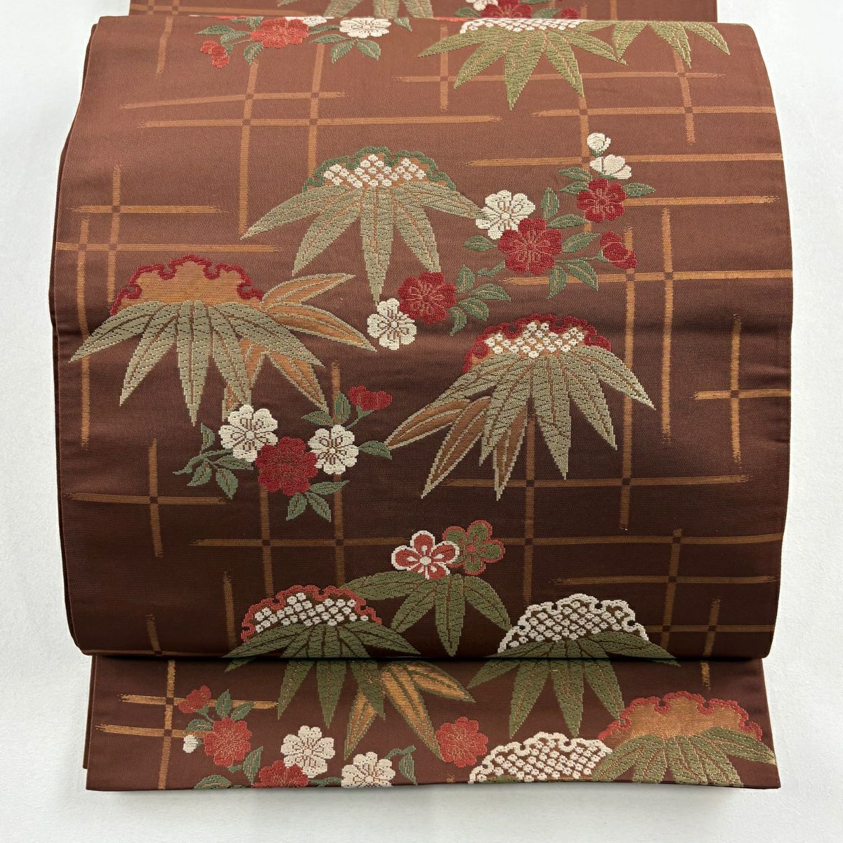 【美品】 袋帶 名古屋帶 優品級 雪輪 草竹子 金金箔 唐織 茶 純蠶絲