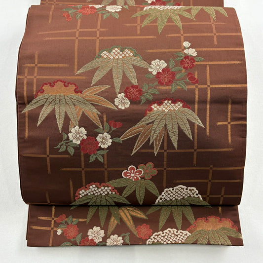 【美品】 袋帶 名古屋帶 優品級 雪輪 草竹子 金金箔 唐織 茶 純蠶絲