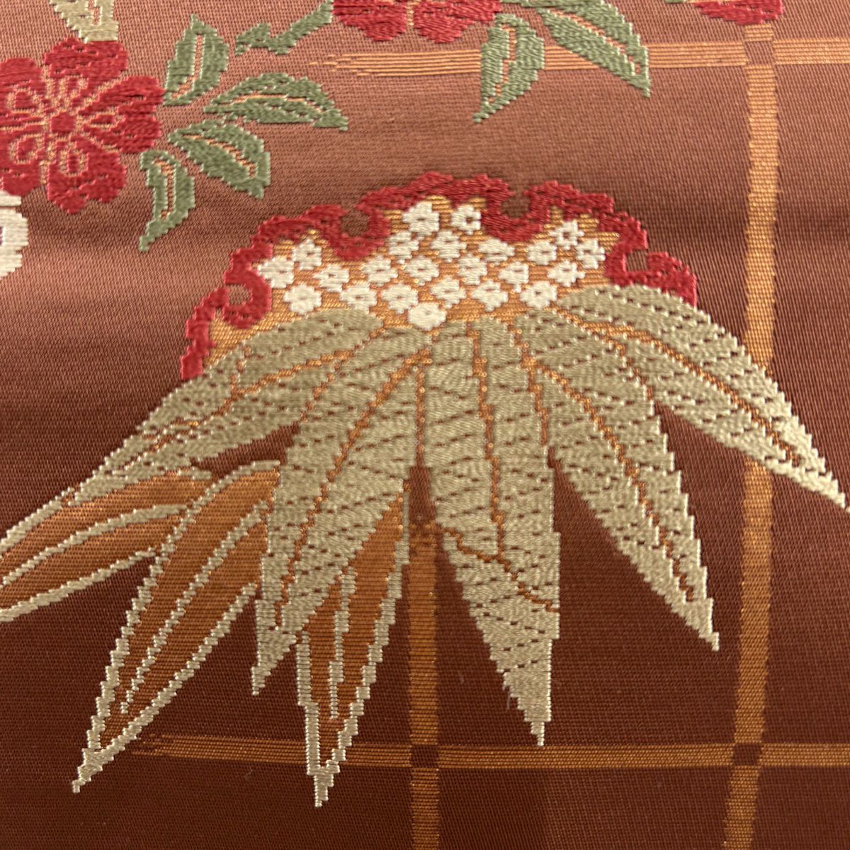 【美品】 袋帶 名古屋帶 優品級 雪輪 草竹子 金金箔 唐織 茶 純蠶絲