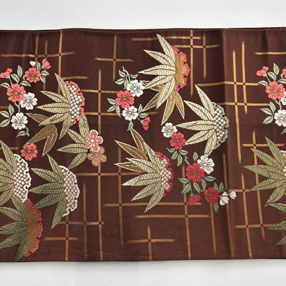 【美品】 袋帶 名古屋帶 優品級 雪輪 草竹子 金金箔 唐織 茶 純蠶絲