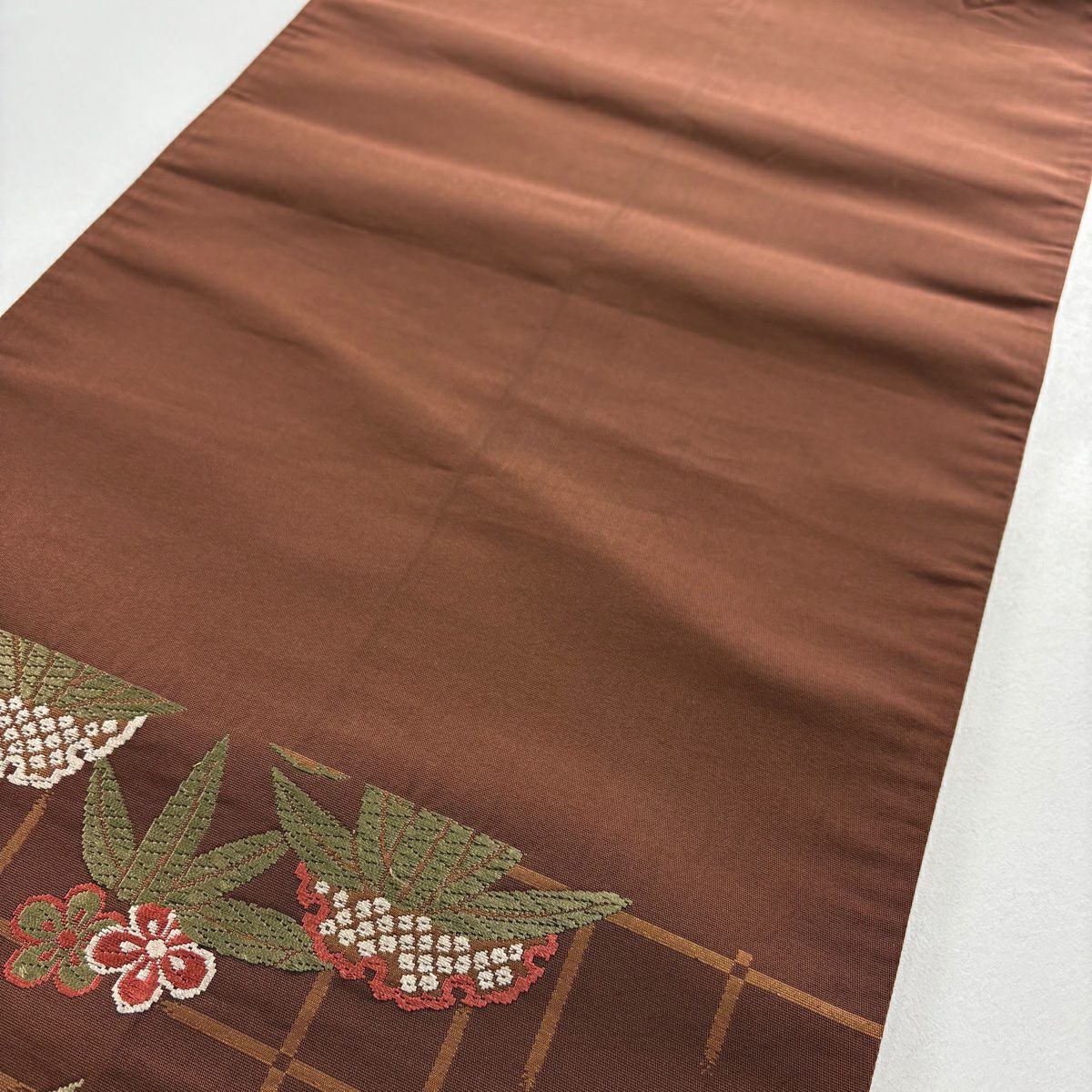 【美品】 袋帶 名古屋帶 優品級 雪輪 草竹子 金金箔 唐織 茶 純蠶絲