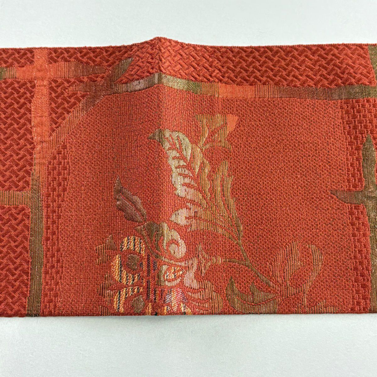 【美品】 名古屋帶 優品級 草花紋紋 幾何學圖案 金金箔 橙色 純蠶絲