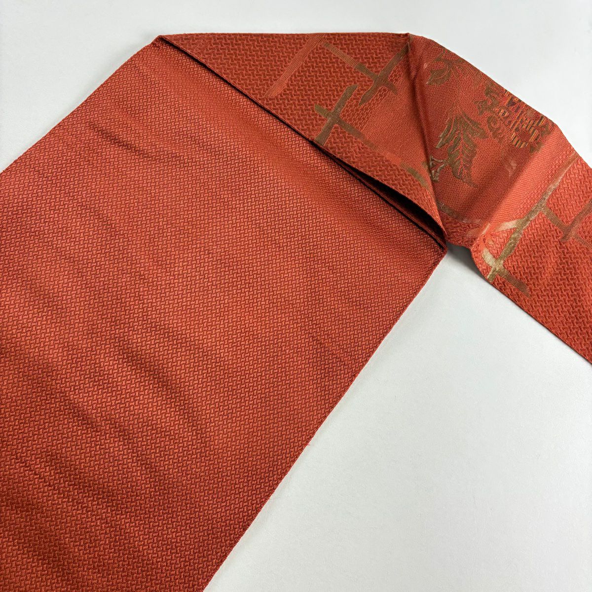 【美品】 名古屋帶 優品級 草花紋紋 幾何學圖案 金金箔 橙色 純蠶絲