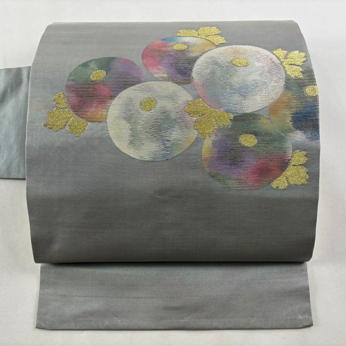 名古屋帶 優品級 關西仕立 雜菊花 金糸 金金箔 灰色 純蠶絲