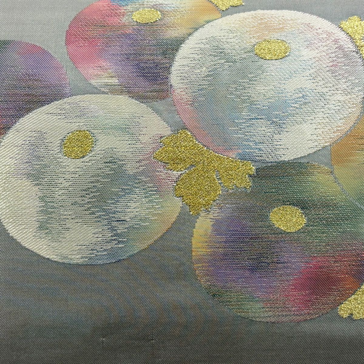 名古屋帶 優品級 關西仕立 雜菊花 金糸 金金箔 灰色 純蠶絲