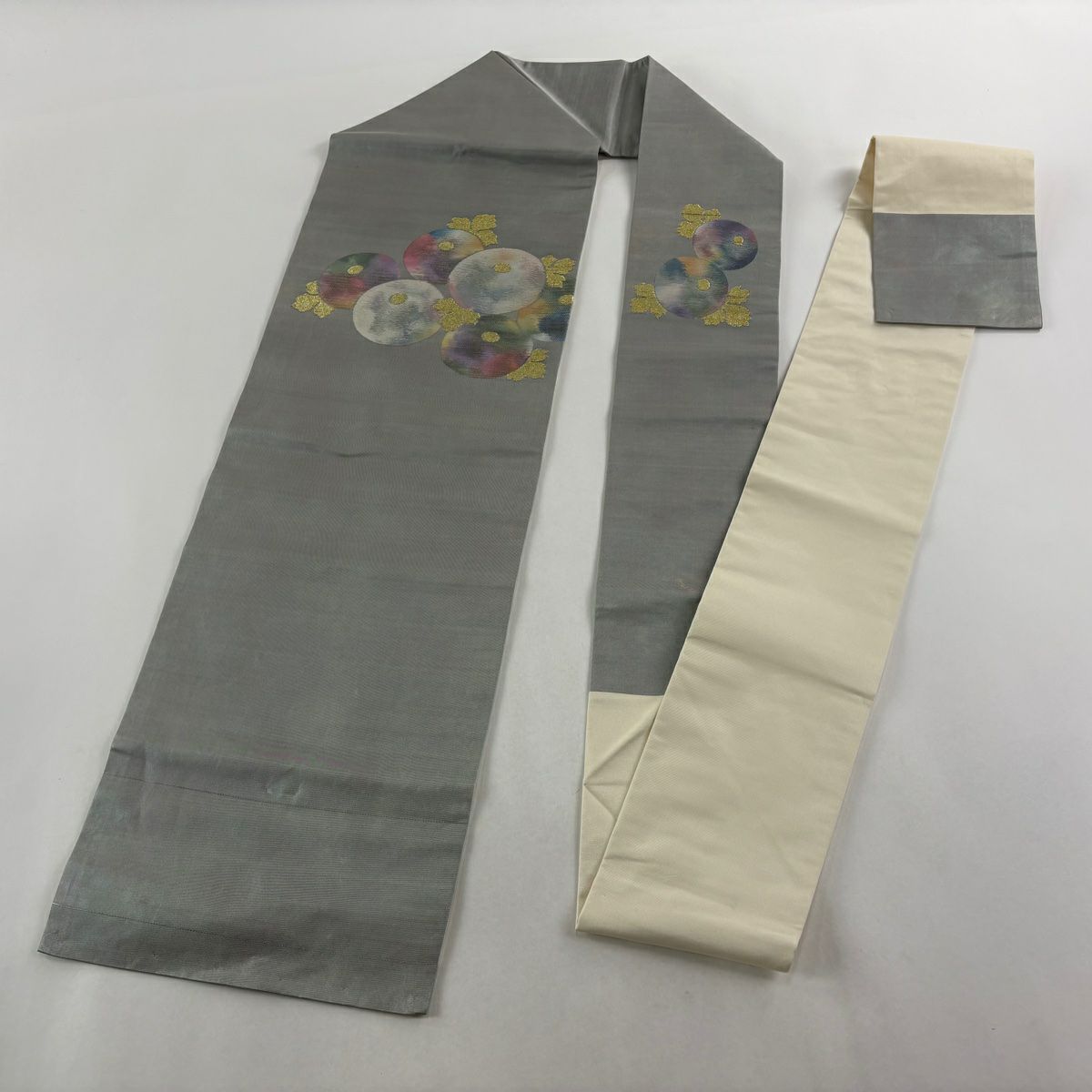 名古屋帶 優品級 關西仕立 雜菊花 金糸 金金箔 灰色 純蠶絲