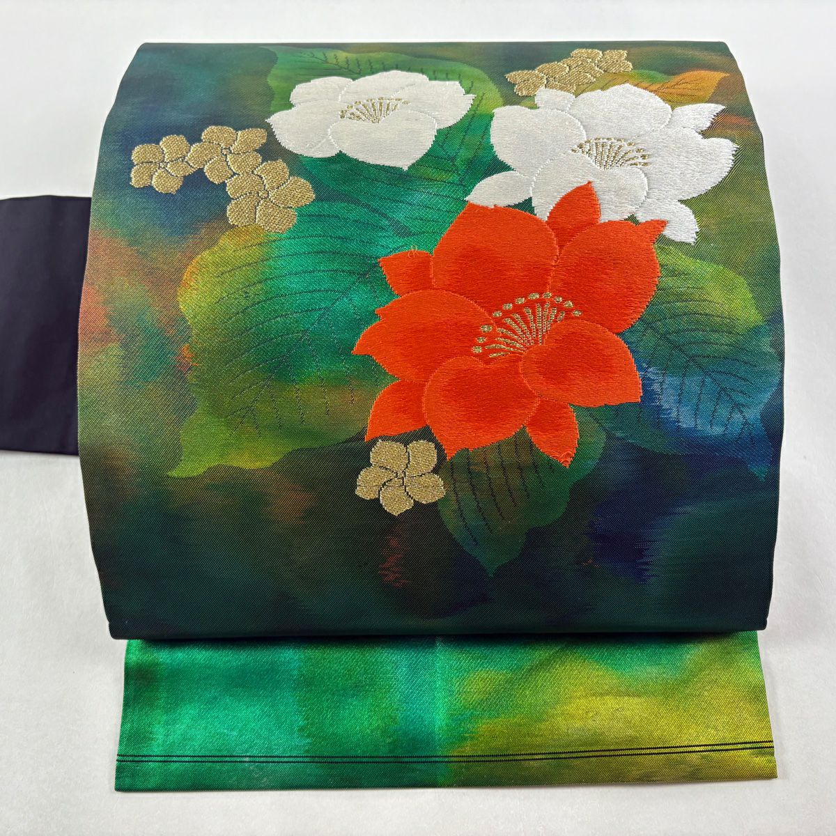 【美品】名古屋帶 優品級 關西仕立 草花紋刺繡 金線 綠 純蠶絲