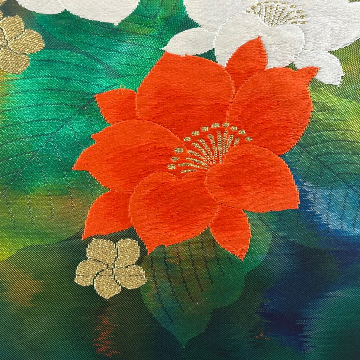 【美品】名古屋帶 優品級 關西仕立 草花紋刺繡 金線 綠 純蠶絲