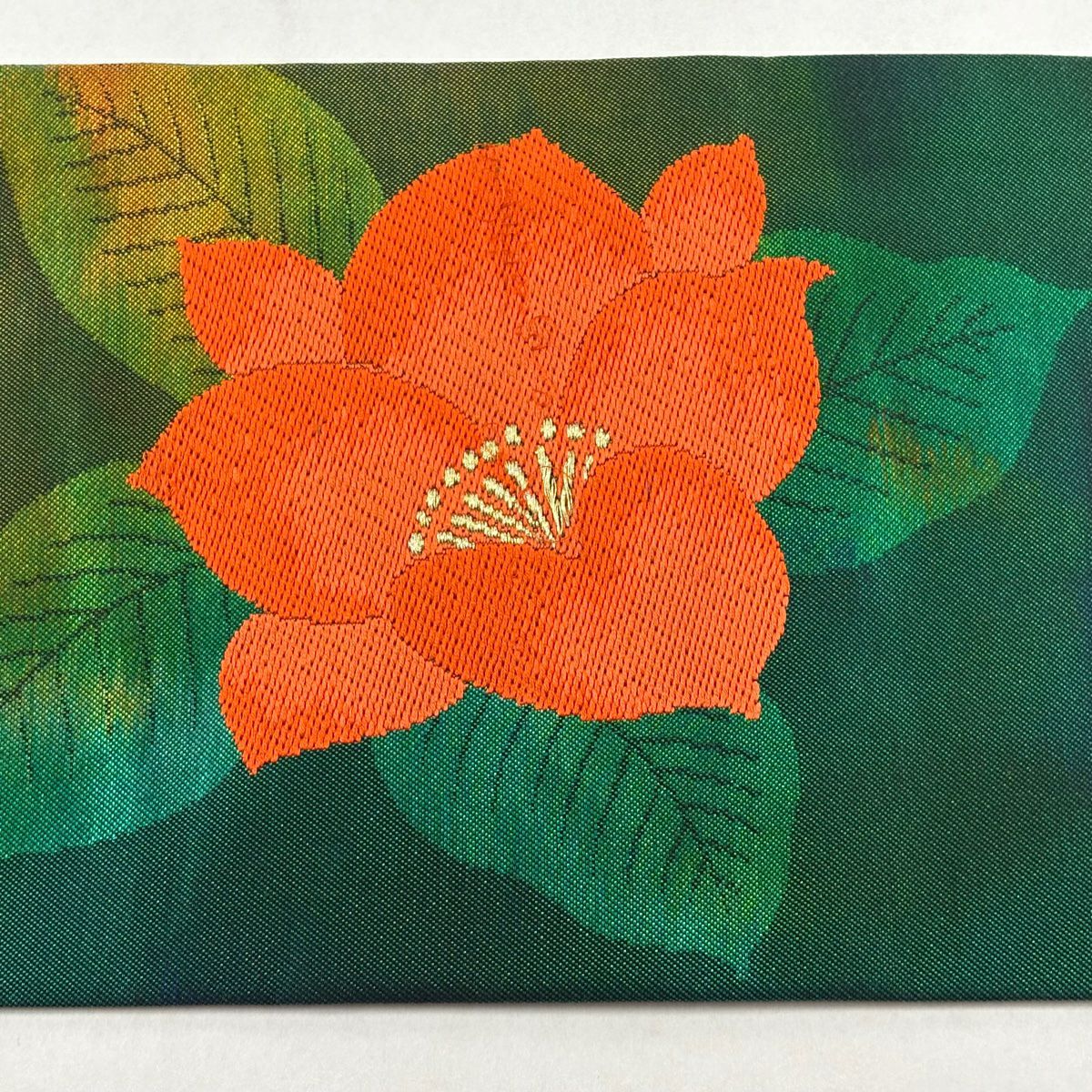 【美品】名古屋帶 優品級 關西仕立 草花紋刺繡 金線 綠 純蠶絲