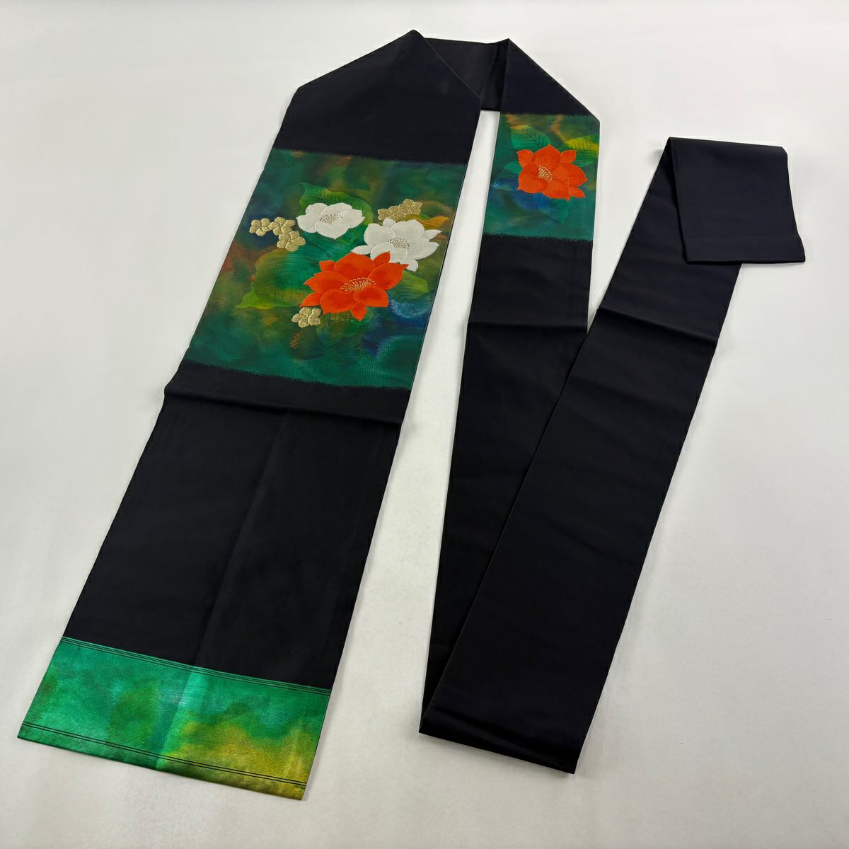 【美品】名古屋帶 優品級 關西仕立 草花紋刺繡 金線 綠 純蠶絲