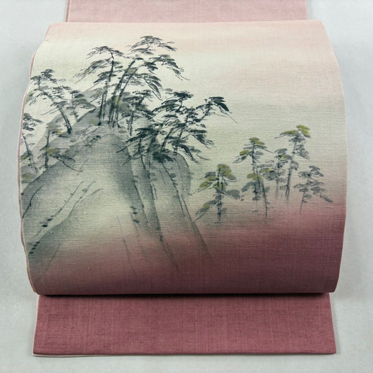 開口名古屋帶 優品級 紬織織 樹木 山 薄粉紅 純蠶絲