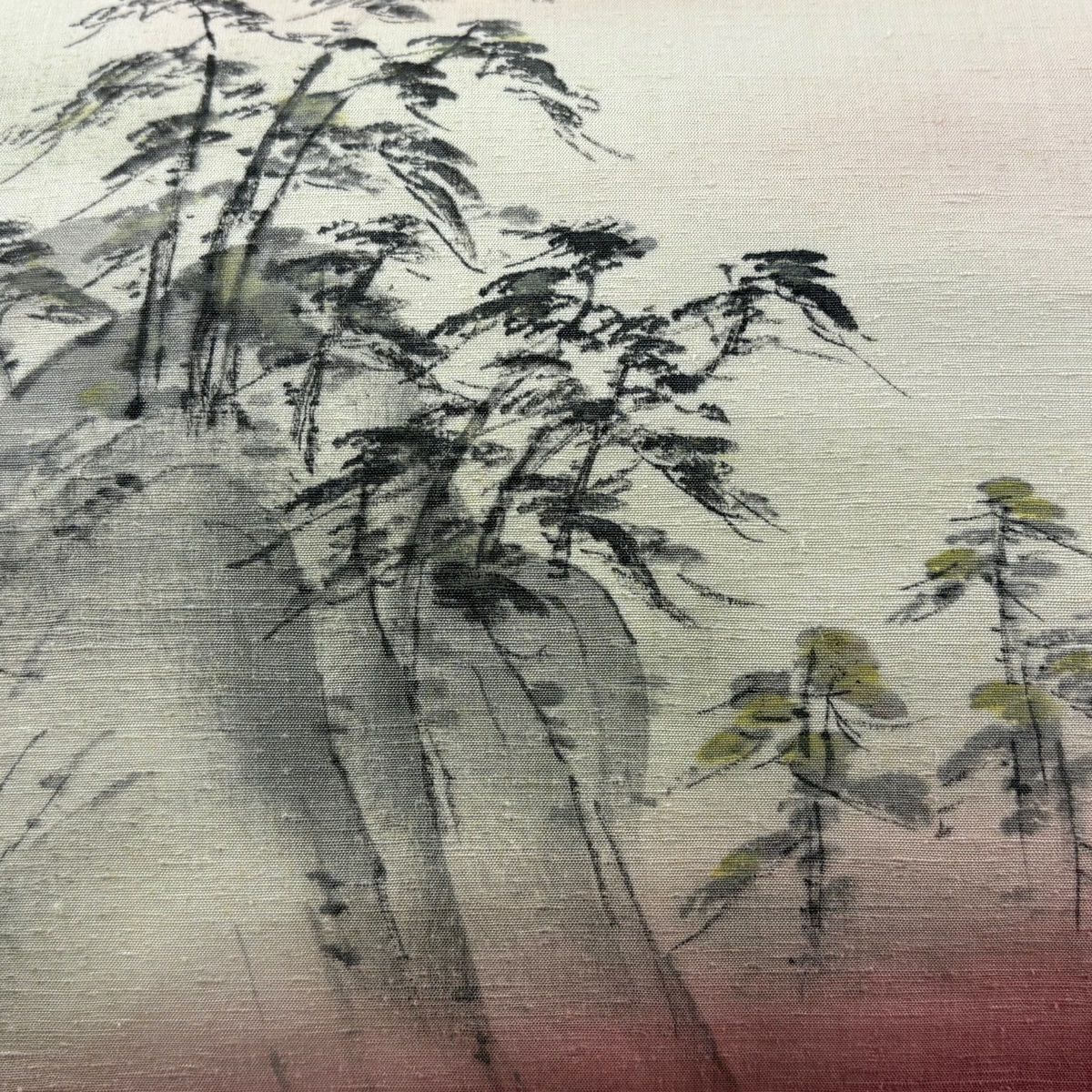 開口名古屋帶 優品級 紬織織 樹木 山 薄粉紅 純蠶絲