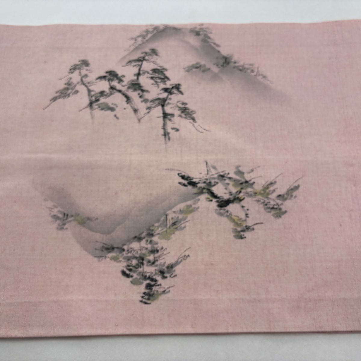 開口名古屋帶 優品級 紬織織 樹木 山 薄粉紅 純蠶絲