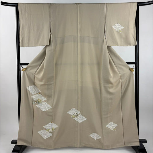 付下 身長163cm 袖長65.5cm M 雙層 若松樹菱 椿 相良刺繡 金線 米色 純蠶絲 名品級