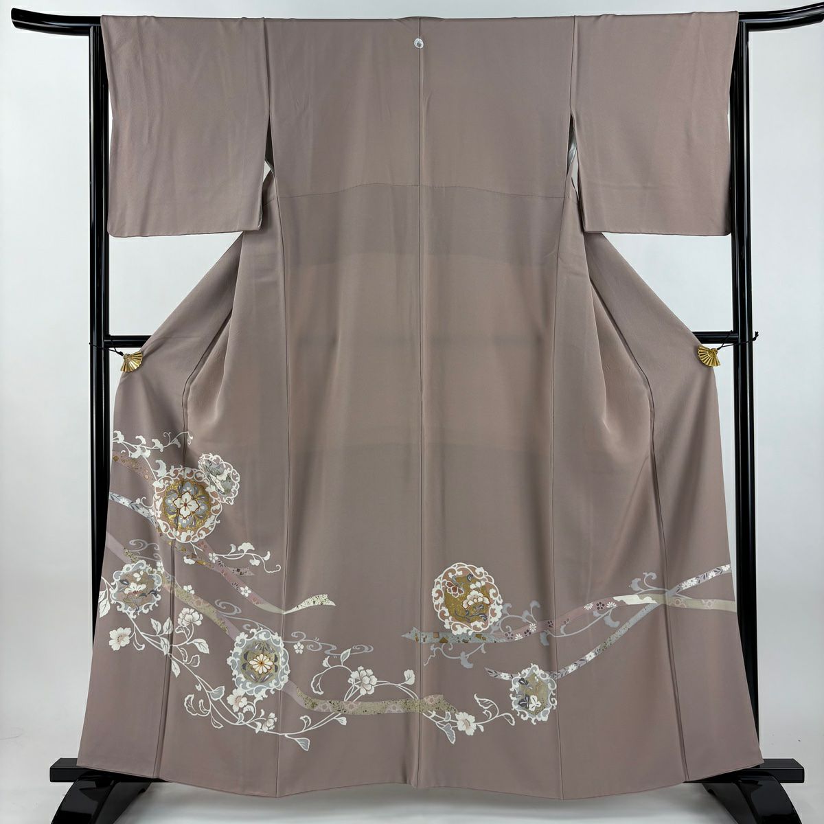 留袖禮服禮服 身長159cm 袖長65cm M 雙層 草花紋紋 蔓帶 金絲 金銀彩 灰紫 純蠶絲 名品級 一つ紋