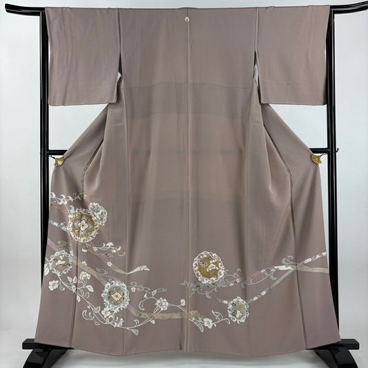 留袖禮服禮服 身長159cm 袖長65cm M 雙層 草花紋紋 蔓帶 金絲 金銀彩 灰紫 純蠶絲 名品級 一つ紋