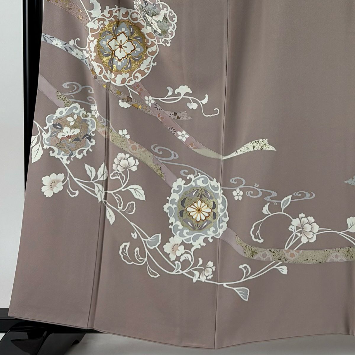 留袖禮服禮服 身長159cm 袖長65cm M 雙層 草花紋紋 蔓帶 金絲 金銀彩 灰紫 純蠶絲 名品級 一つ紋
