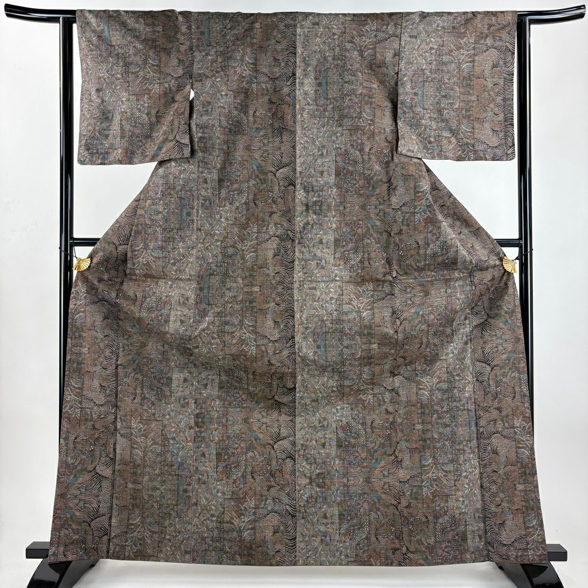【美品】 紬織織 身長164.5cm 袖長62.5cm S 雙層 波葉紋 茶 純蠶絲 名品級