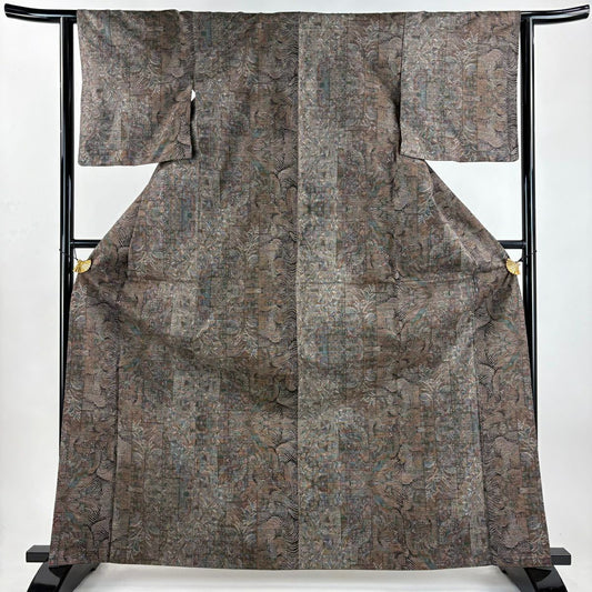 【美品】 紬織織 身長164.5cm 袖長62.5cm S 雙層 波葉紋 茶 純蠶絲 名品級