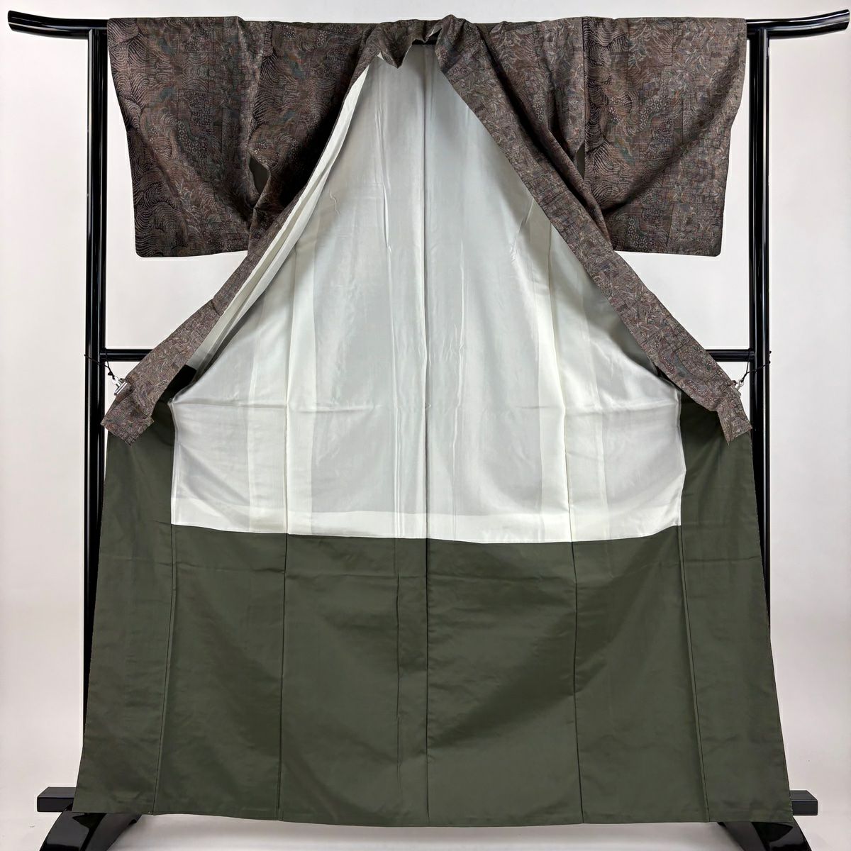 【美品】 紬織織 身長164.5cm 袖長62.5cm S 雙層 波葉紋 茶 純蠶絲 名品級