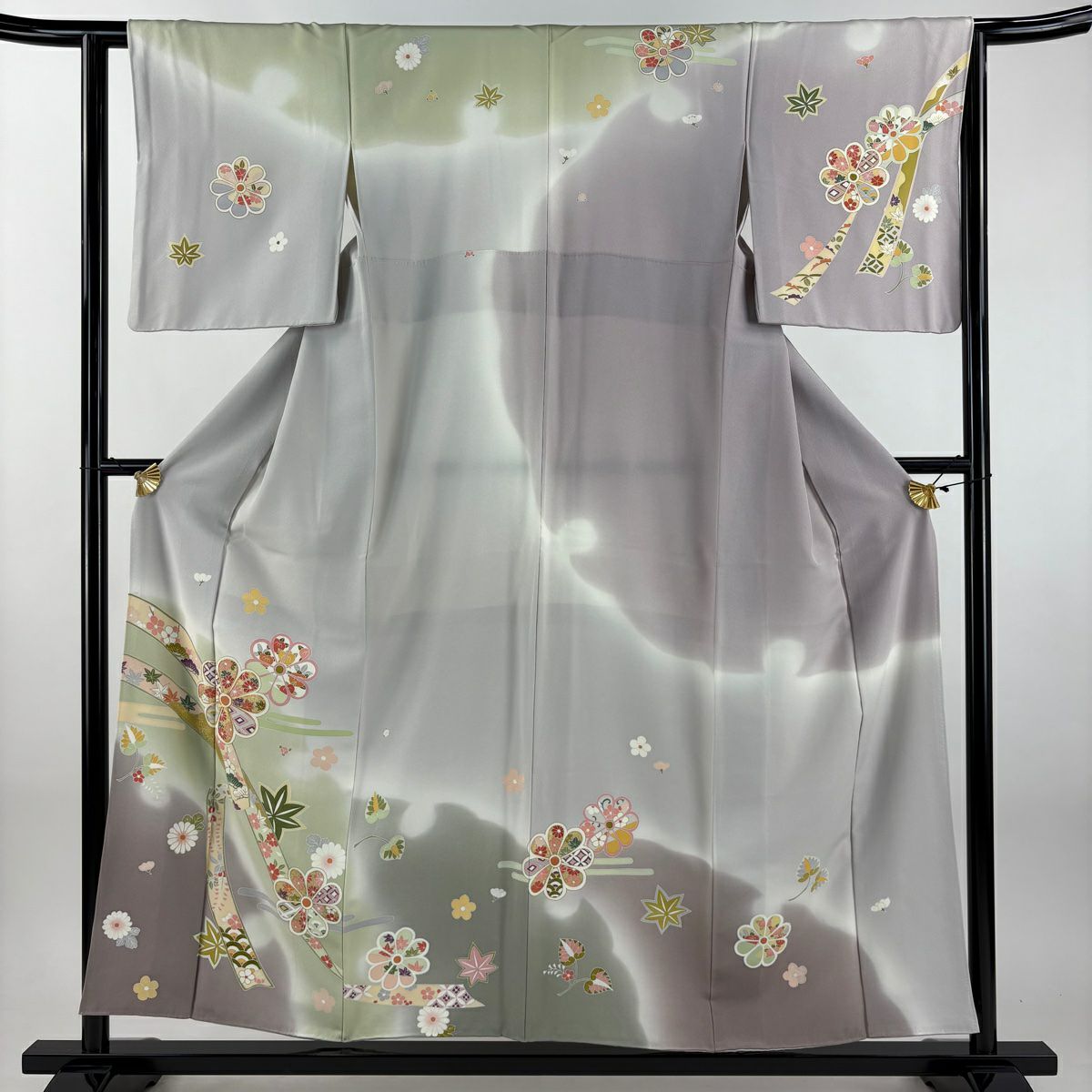 訪問服 身長155cm 袖長63cm S 雙層 草花紋紋 蔓帶 金絲 金銀彩 灰 純蠶絲 名品級