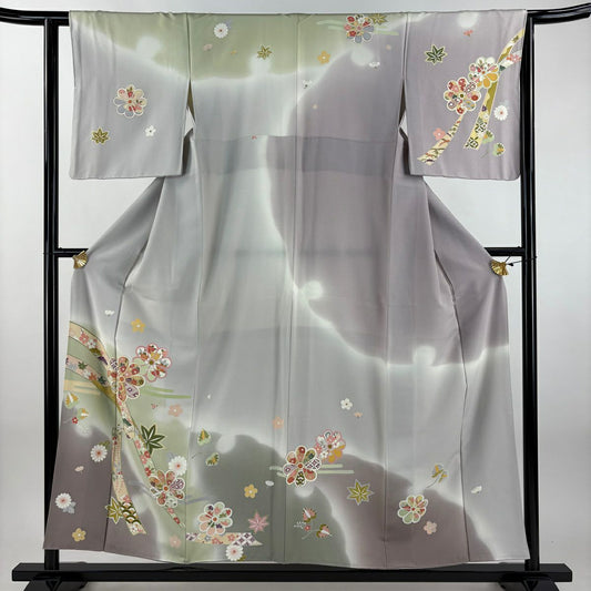 訪問服 身長155cm 袖長63cm S 雙層 草花紋紋 蔓帶 金絲 金銀彩 灰 純蠶絲 名品級