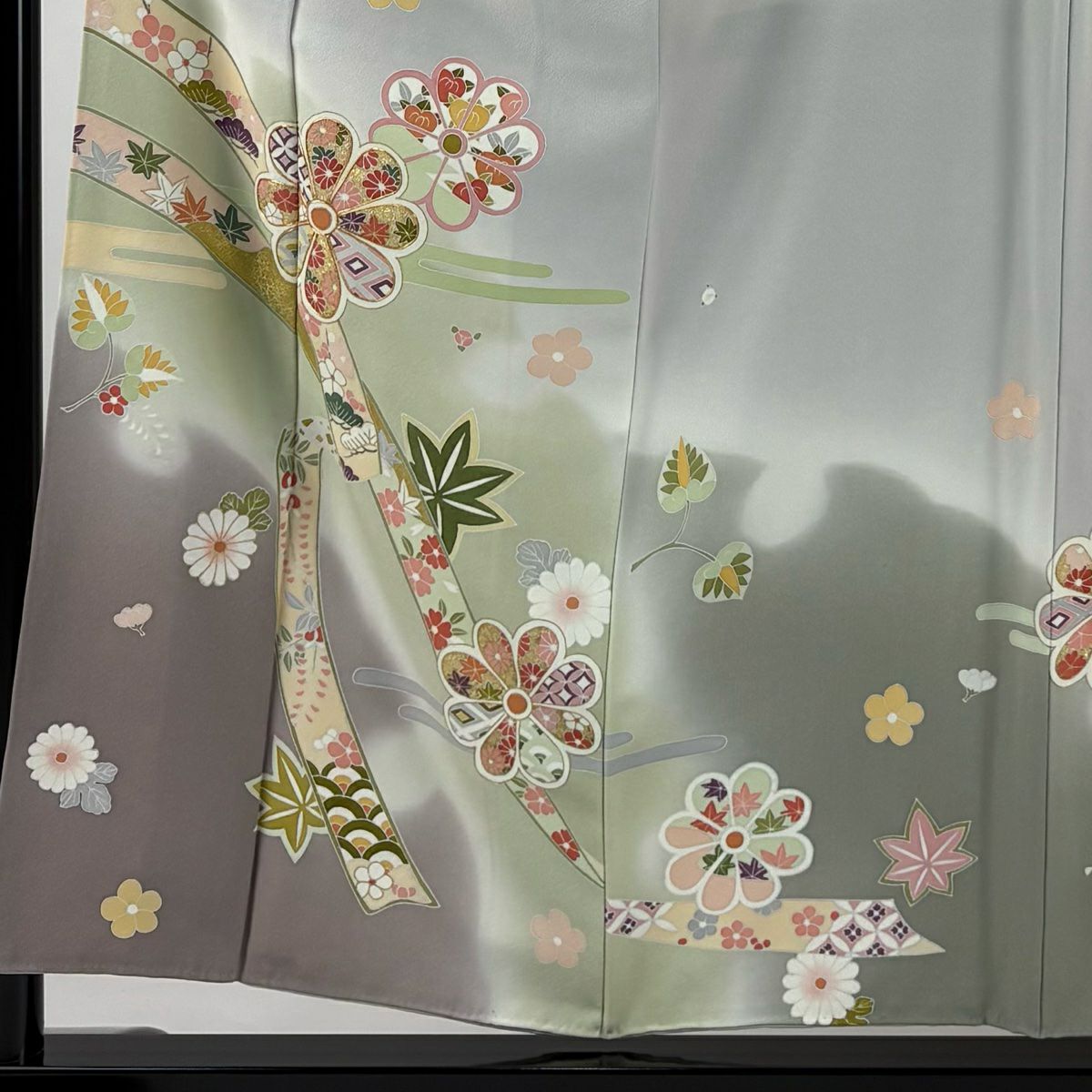 訪問服 身長155cm 袖長63cm S 雙層 草花紋紋 蔓帶 金絲 金銀彩 灰 純蠶絲 名品級