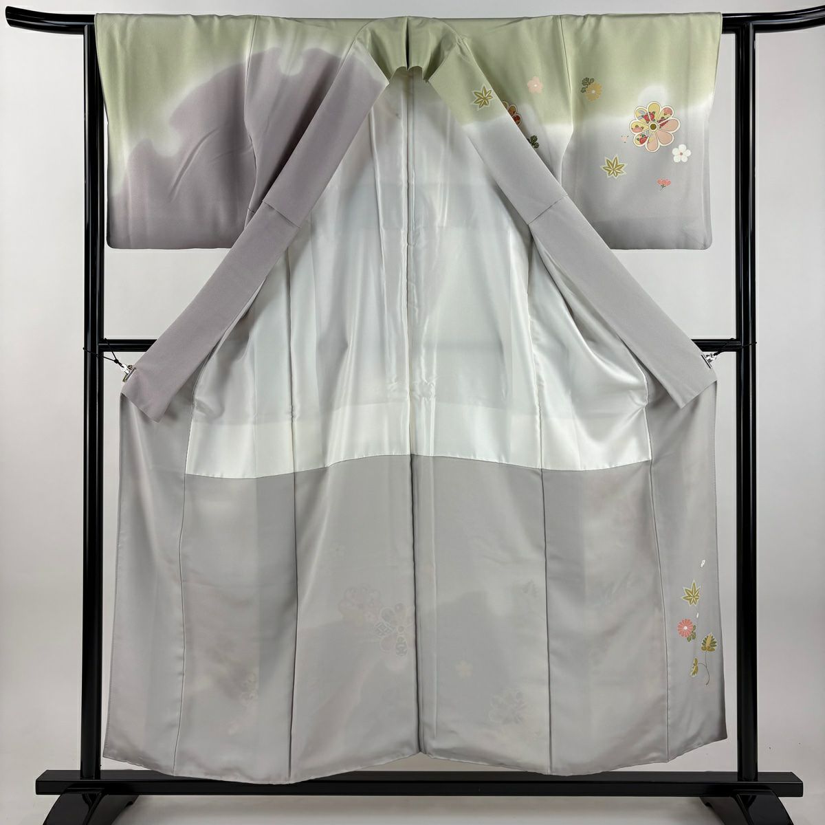 訪問服 身長155cm 袖長63cm S 雙層 草花紋紋 蔓帶 金絲 金銀彩 灰 純蠶絲 名品級