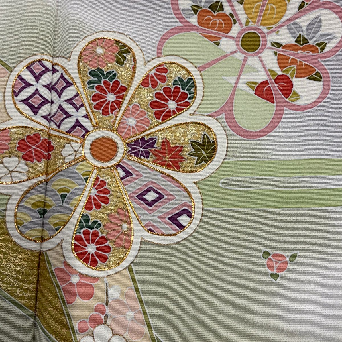 訪問服 身長155cm 袖長63cm S 雙層 草花紋紋 蔓帶 金絲 金銀彩 灰 純蠶絲 名品級