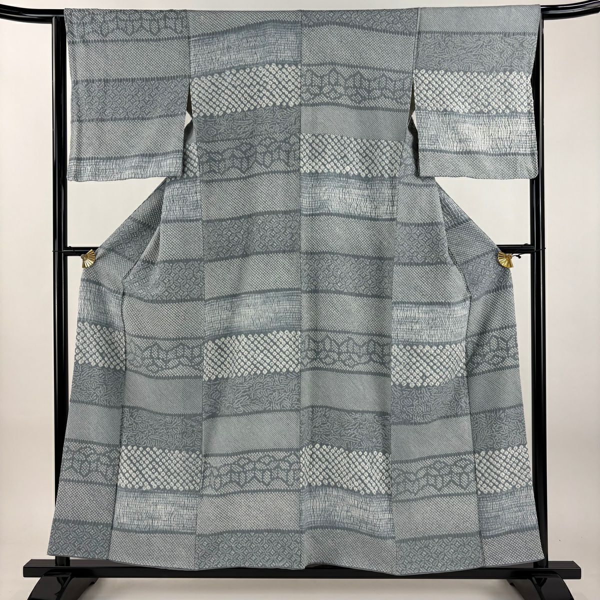 【美品】 小紋 身長155cm 袖長65cm M 雙層 縞 七寶紋 絞染 青灰 純蠶絲 名品級