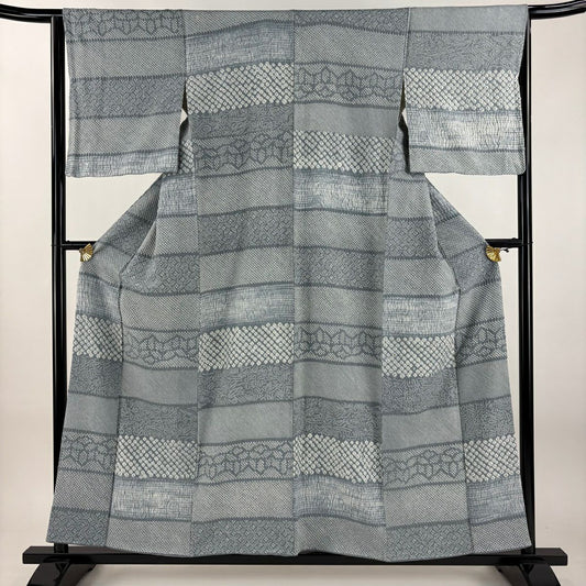 【美品】 小紋 身長155cm 袖長65cm M 雙層 縞 七寶紋 絞染 青灰 純蠶絲 名品級