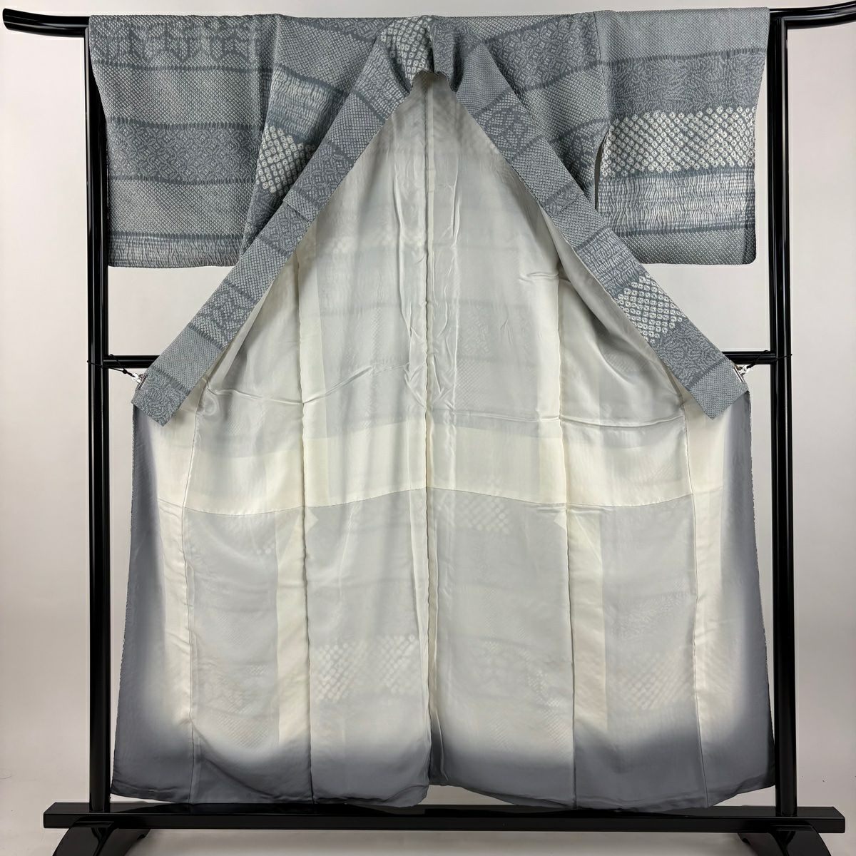 【美品】 小紋 身長155cm 袖長65cm M 雙層 縞 七寶紋 絞染 青灰 純蠶絲 名品級
