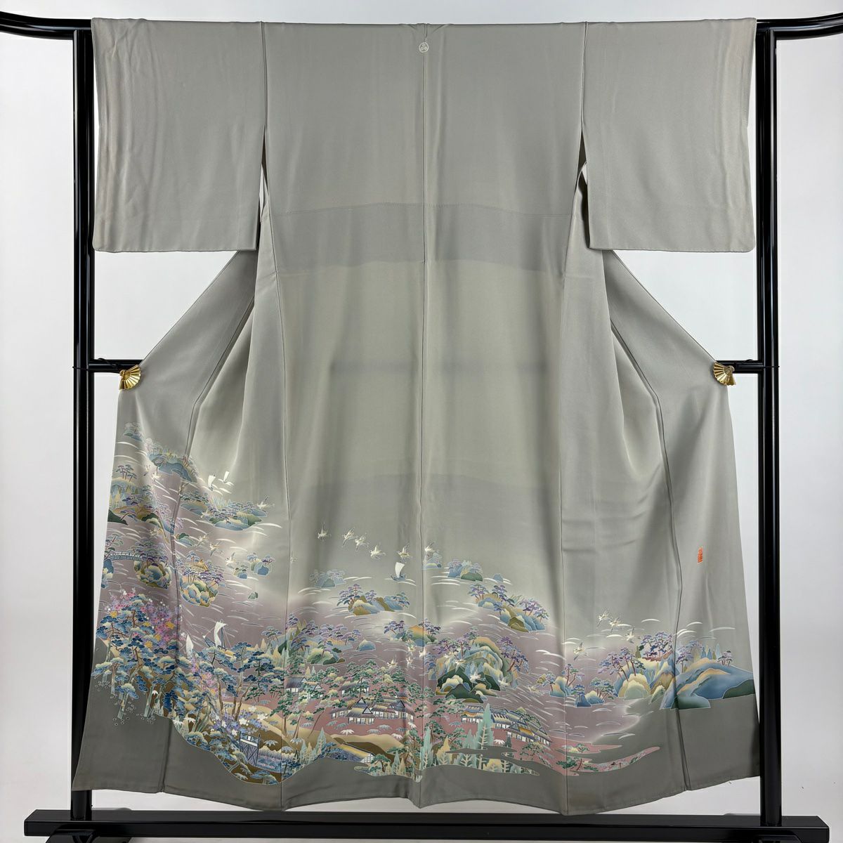 色留袖禮服 身長152cm 袖長63cm S 雙層 稻手明仁 落款あり 風景 松樹竹子梅花 漸層 灰茶 純蠶絲 名品級 一つ紋