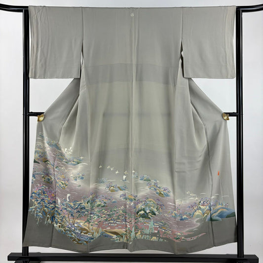 色留袖禮服 身長152cm 袖長63cm S 雙層 稻手明仁 落款あり 風景 松樹竹子梅花 漸層 灰茶 純蠶絲 名品級 一つ紋
