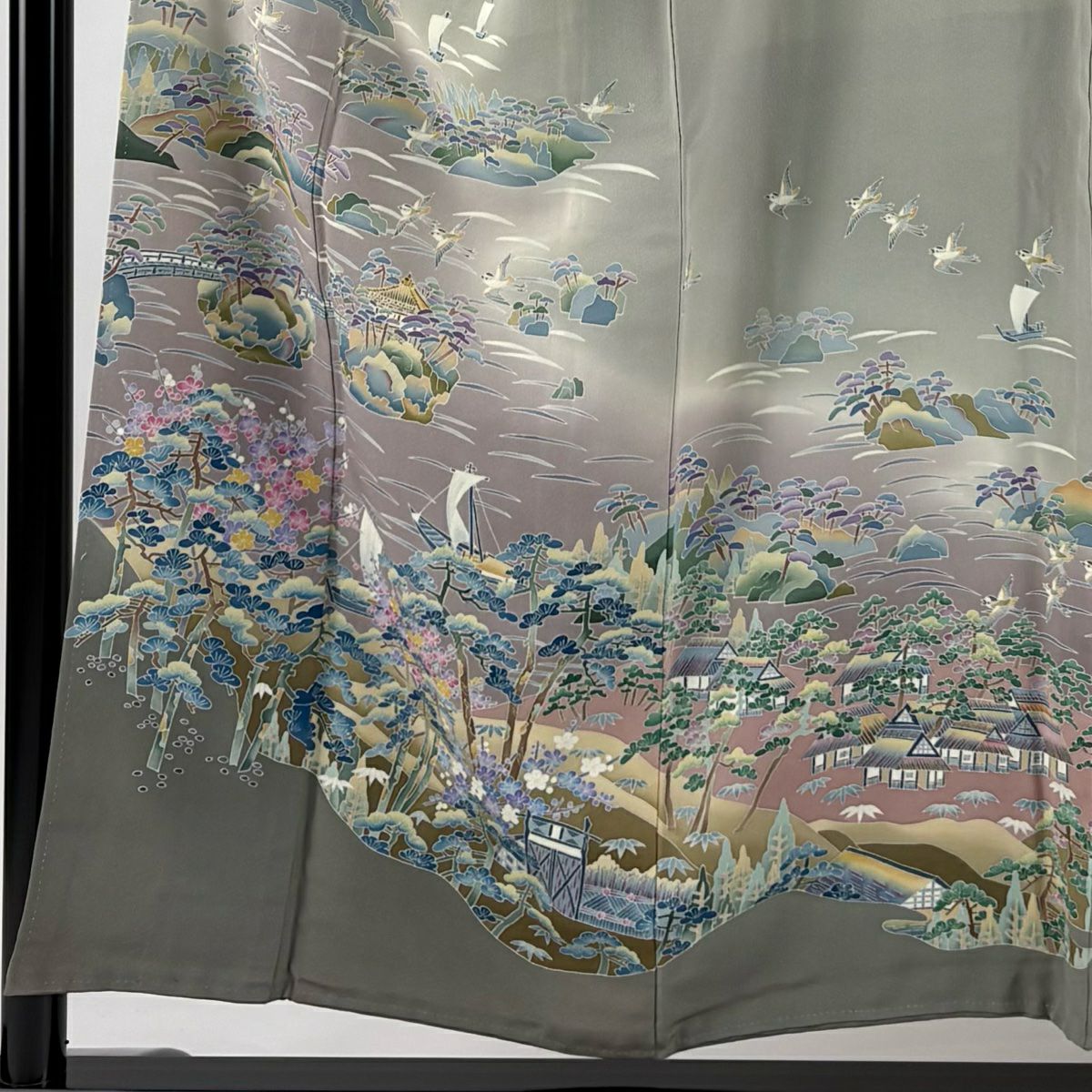 色留袖禮服 身長152cm 袖長63cm S 雙層 稻手明仁 落款あり 風景 松樹竹子梅花 漸層 灰茶 純蠶絲 名品級 一つ紋