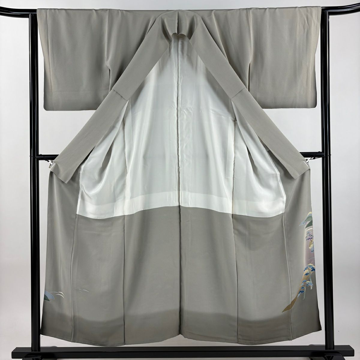 色留袖禮服 身長152cm 袖長63cm S 雙層 稻手明仁 落款あり 風景 松樹竹子梅花 漸層 灰茶 純蠶絲 名品級 一つ紋