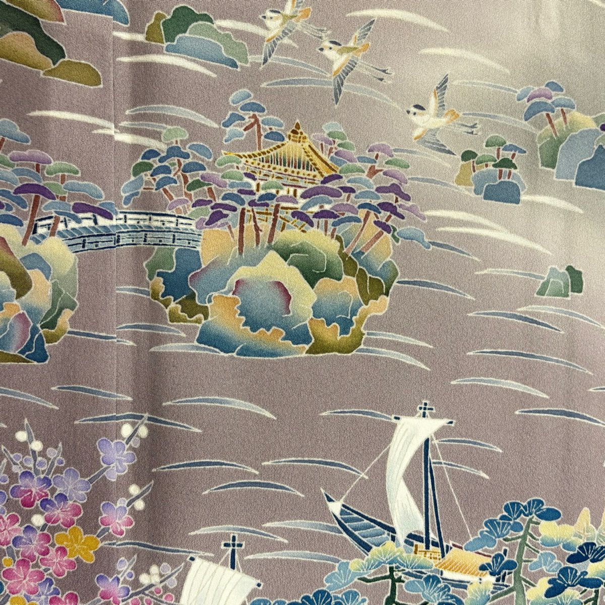 色留袖禮服 身長152cm 袖長63cm S 雙層 稻手明仁 落款あり 風景 松樹竹子梅花 漸層 灰茶 純蠶絲 名品級 一つ紋