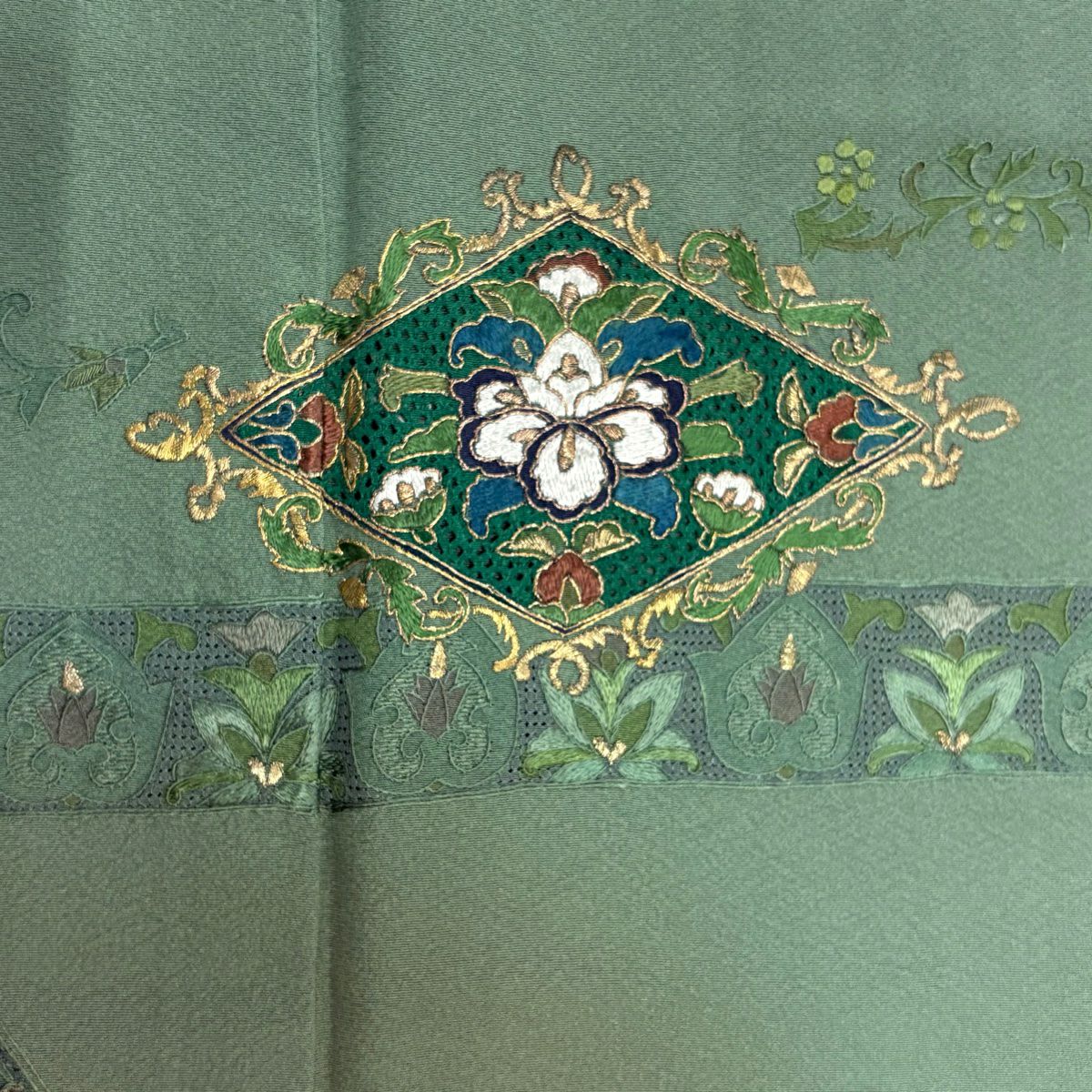 訪問服 身長171cm 袖長65cm M 雙層 菱 草花紋紋 金糸刺繡 薄綠 純蠶絲 名品級