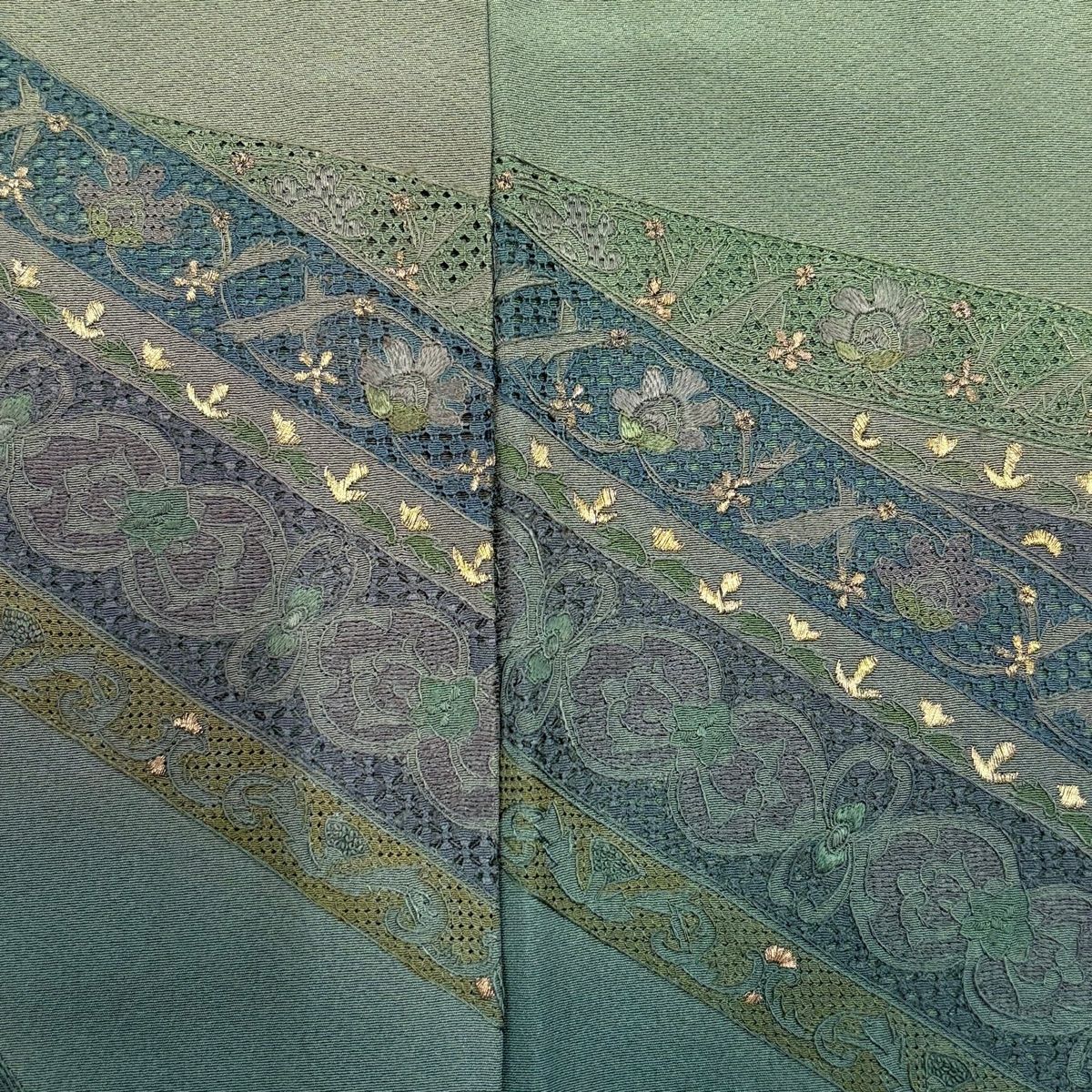 訪問服 身長171cm 袖長65cm M 雙層 菱 草花紋紋 金糸刺繡 薄綠 純蠶絲 名品級