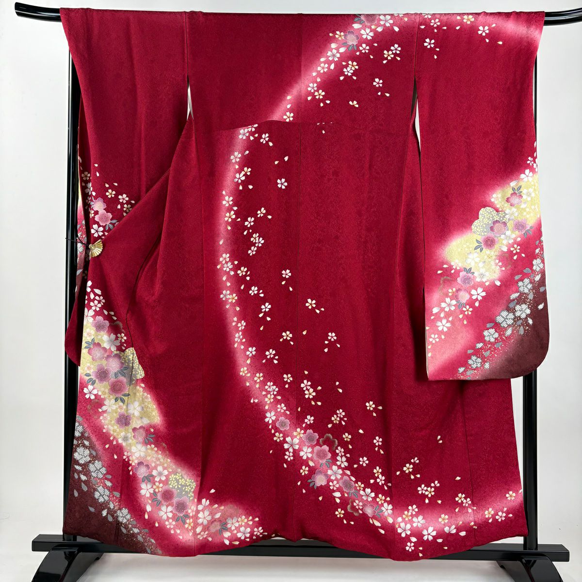 振袖禮服 身長155cm 袖長70cm L 雙層 櫻花花瓣 金金箔 金銀彩 紅 純蠶絲 名品級
