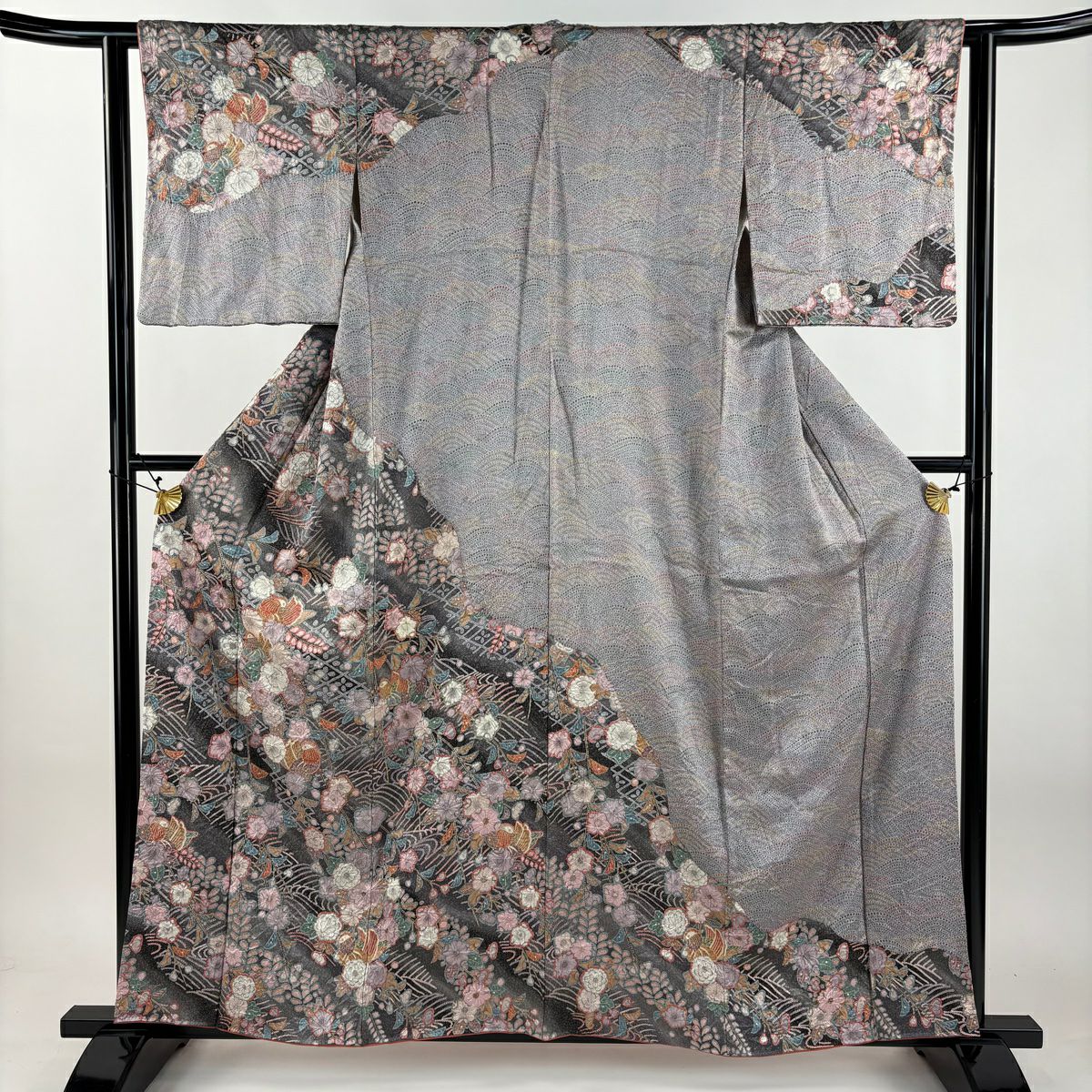 【美品】訪問服 身長157.5cm 袖長62cm S 雙層 辻花染 鴛鴦 金銀彩 漸層 青灰 純蠶絲 名品級