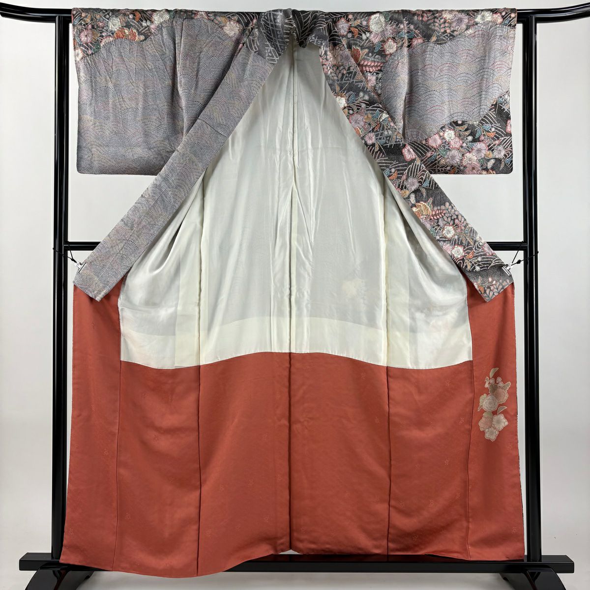【美品】訪問服 身長157.5cm 袖長62cm S 雙層 辻花染 鴛鴦 金銀彩 漸層 青灰 純蠶絲 名品級
