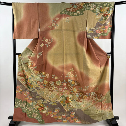 訪問服 身長164.5cm 袖長66.5cm M 雙層 草花紋紋 流水 金絲 金銀彩 茜 純蠶絲 名品級